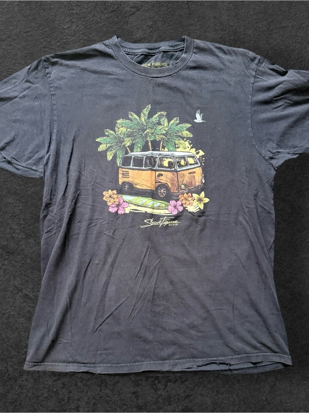 Stick Figure Mens Large Black Graphic T Shirt Reggae Surf VW Bus Palm Trees USA